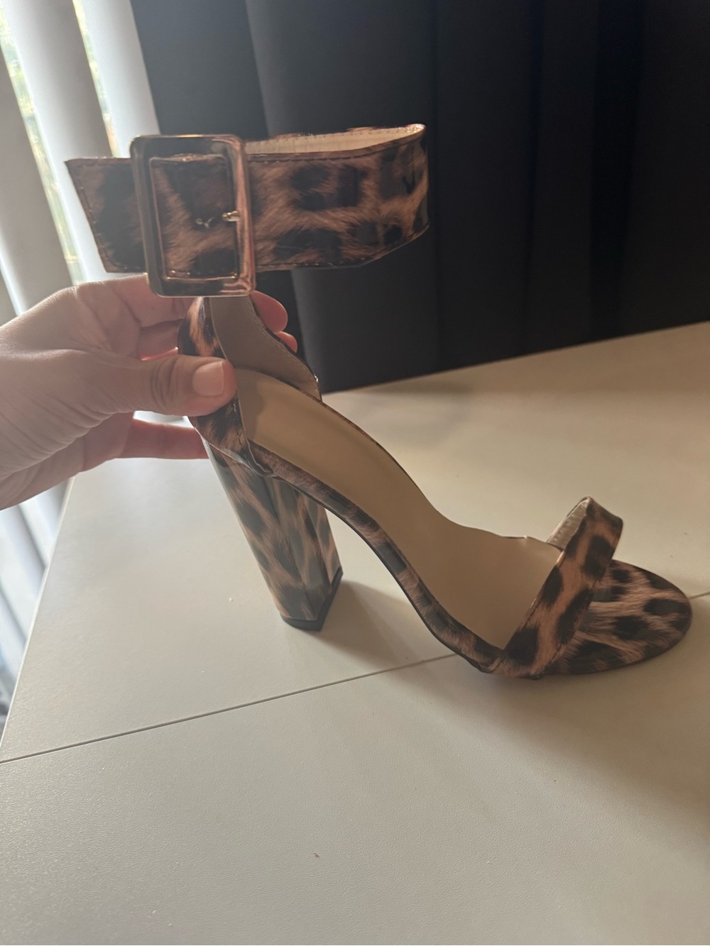 Leopard Print Block Heel Ankle Strap Sandals - Brown/Black